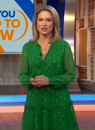 Amy's green tie neck ruffle dress on Good Morning America