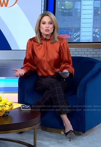 Amy’s orange top and cropped check pants on Good Morning America