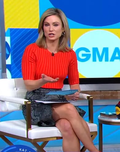 Amy's red ribbed knit top and snake print skirt on Good Morning America