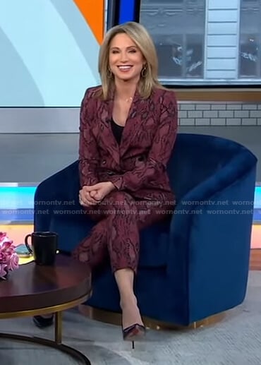 Amy’s red snake print blazer and pants on Good Morning America