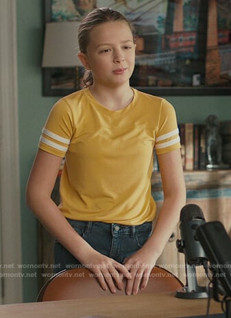 Ana's yellow stripe sleeve tee on American Housewife