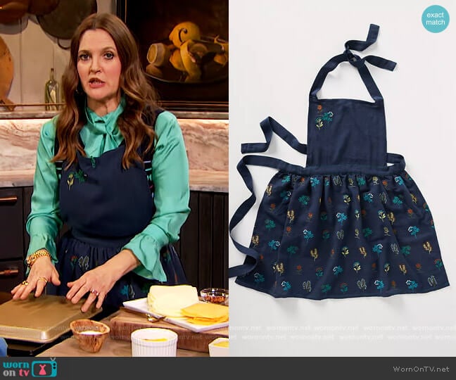 Stacia Embroidered Indigo Apron by Anthropologie worn by Drew Barrymore on The Drew Barrymore Show