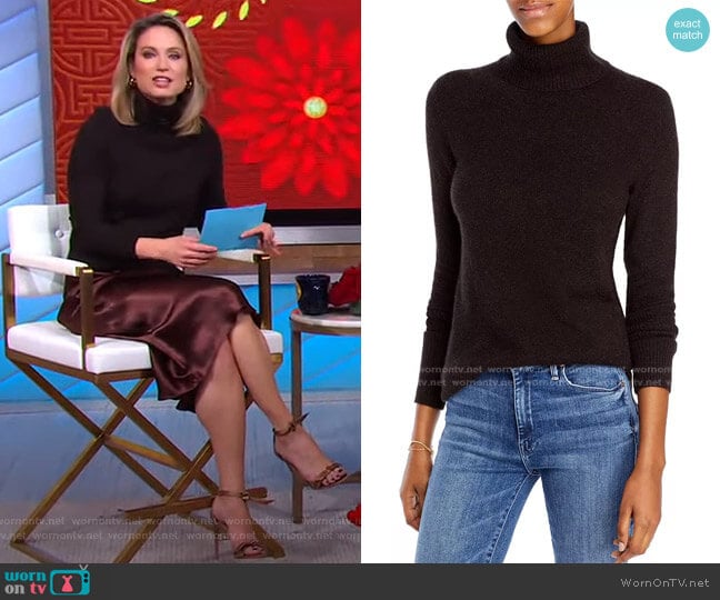 Cashmere Turtleneck Sweater in Coffee Bean by Aqua Cashmere worn by Amy Robach on Good Morning America