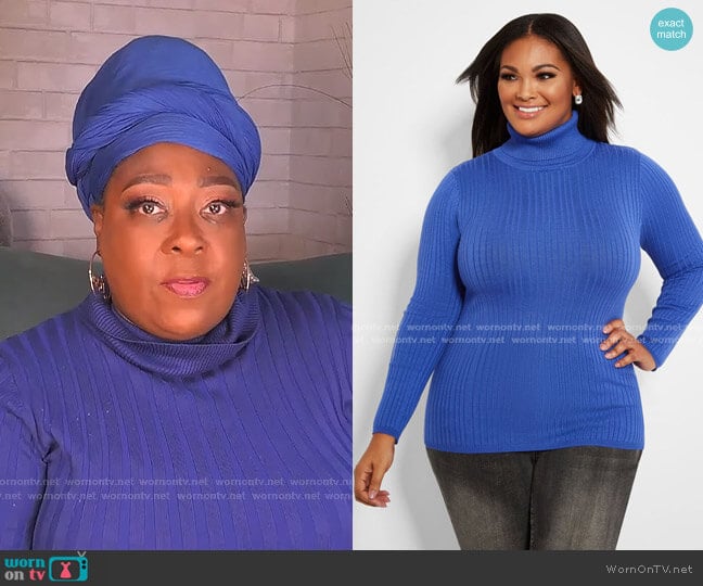 Ribbed Knit Turtleneck Sweater by Ashley Stewart worn by Loni Love on The Real