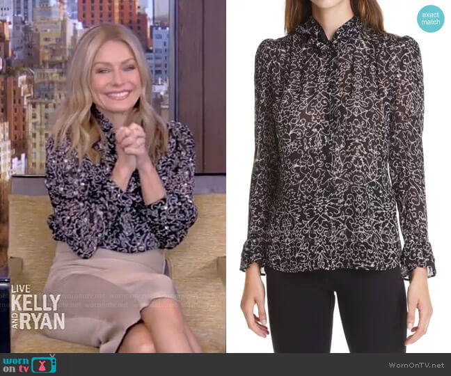 WornOnTV: Kelly’s metallic print blouse and beige skirt on Live with ...