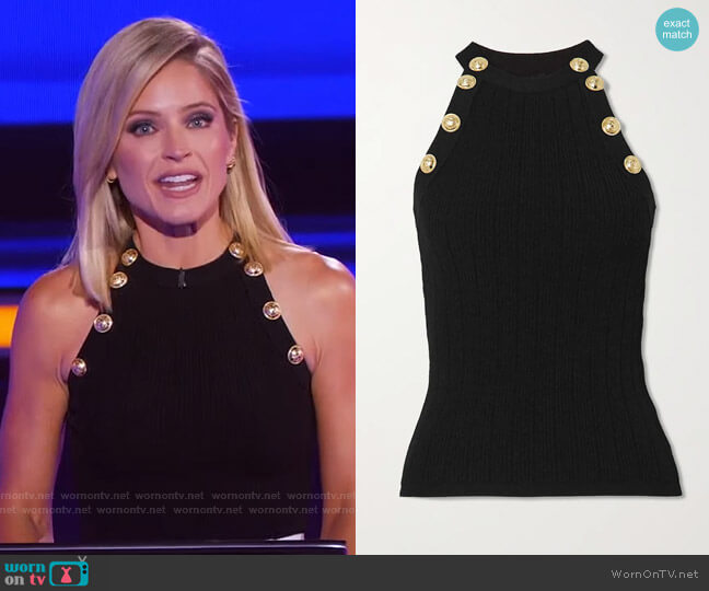 Button-Embellished Ribbed-Knit Tank by Balmain worn by Sara Haines on The Chase