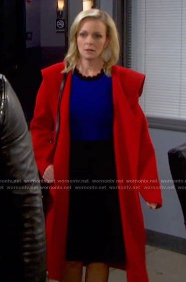 Belle’s red hooded wrap coat on Days of our Lives