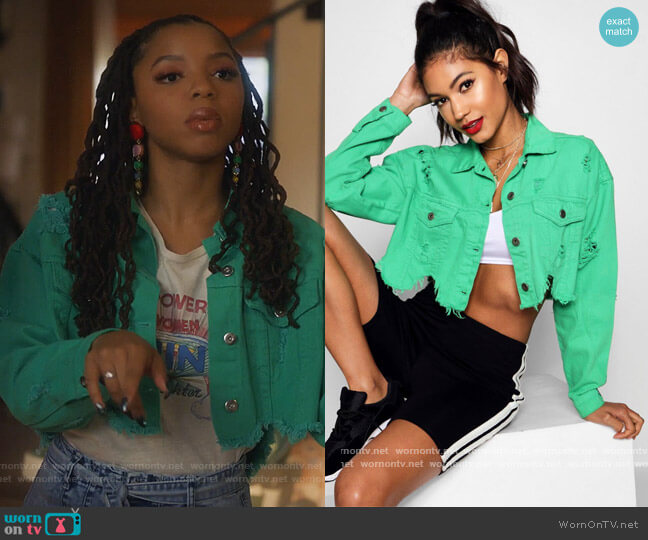 Cropped Distressed Green Denim Jacket by Boohoo worn by Jazlyn Forster (Chloe Bailey) on Grown-ish