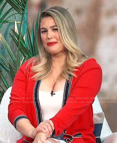 Carissa’s red contrast trim long cardigan on E! News Daily Pop