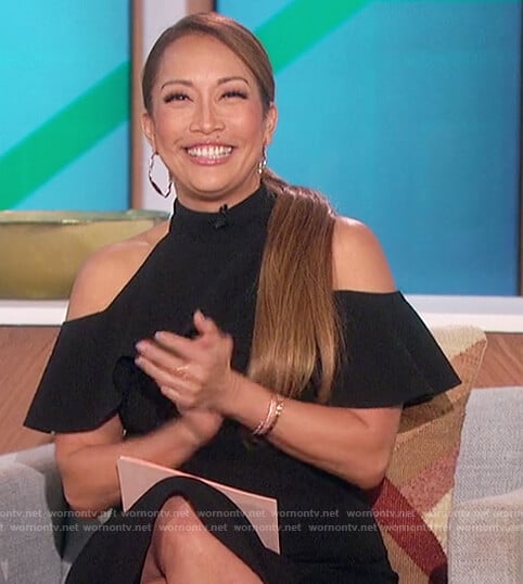 Carrie's black ruffle cold shoulder dress on The Talk