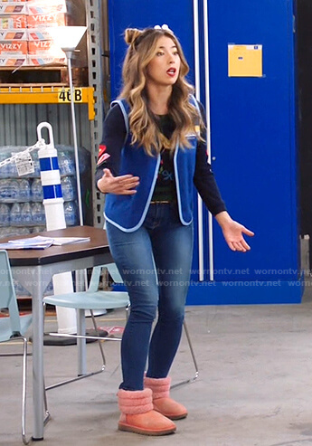 Cheyenne's embroidered sweater and pink ankle boots on Superstore