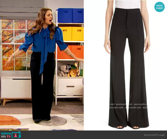 Side Stripe Pintucked Stretch Wool Flare Pants by Chloe worn by Drew Barrymore on The Drew Barrymore Show