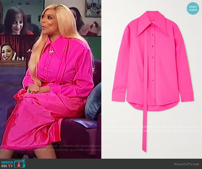 Tie-detailed neon wool-blend shirt by Christopher John Rogers worn by Wendy Williams on The Wendy Williams Show