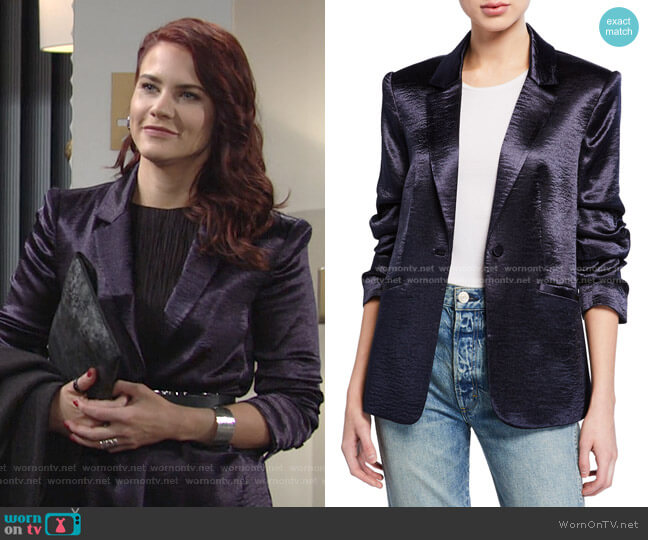 Kylie Ruched-Sleeve Satin Blazer by Cinq a Sept worn by Sally Spectra (Courtney Hope) on The Young & the Restless
