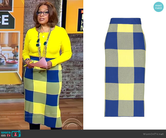 Derek Lam Buffalo Check Midi Skirt worn by Gayle King on CBS Mornings