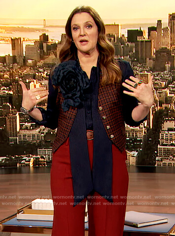 Drew’s navy tie neck blouse and vest on The Drew Barrymoreshow