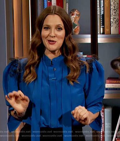 Drew's blue lace trim tie neck blouse on The Drew Barrymore Show