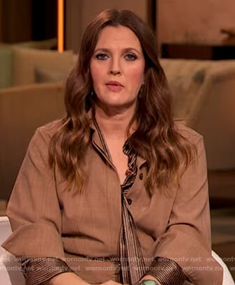 Drew’s brown metallic tie blouse on The Drew Barrymore Show