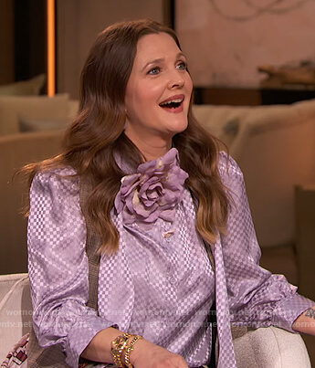Drew's lavender satin tie neck blouse on The Drew Barrymore Show
