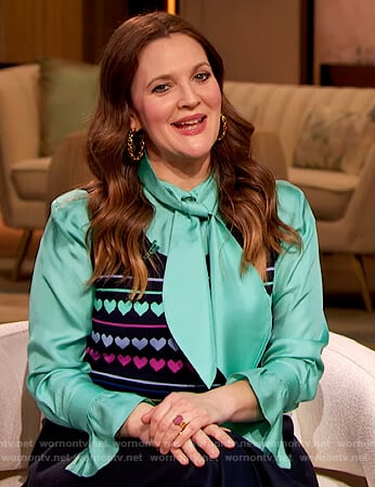 Drew’s turquoise satin tie neck blouse on The Drew Barrymore Show