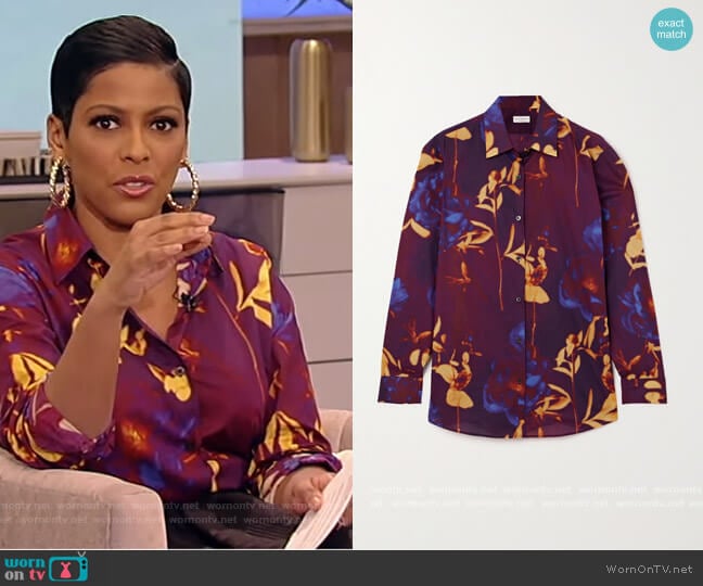 Clavelly floral-print cotton-voile shirt by Dries Van Noten worn by Tamron Hall on Tamron Hall Show