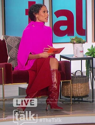 Elaine's pink tie neck blouse and red skirt on The Talk