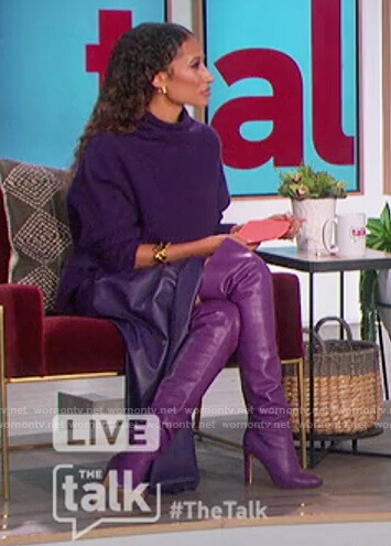 Elaine's purple turtleneck sweater and leather skirt on The Talk