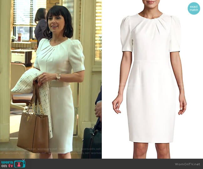 Delphine Puff-Sleeve Sheath Dress by Elie Tahari worn by Kathleen Gale (Constance Zimmer) on Good Trouble