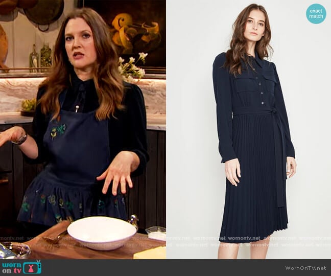 Ere Pleated Dress by Elie Tahari worn by Drew Barrymore on The Drew Barrymore Show