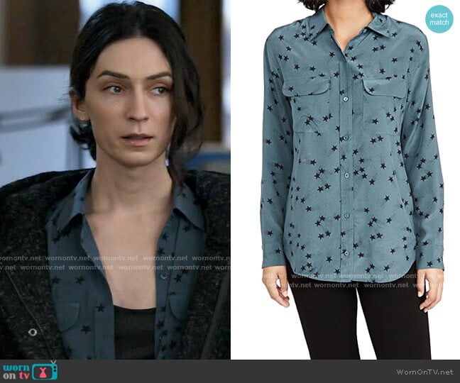 Equipment Orion Blue/True Black Signature Button Down Top worn by Jerrie Kennedy (Jesse James Keitel) on Big Sky