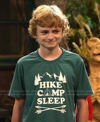 Finn's green Hike Camp Sleep print tee on Bunkd