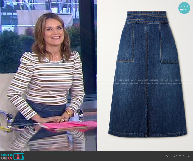 Trapunto Denim Midi Skirt by Frame worn by Savannah Guthrie  on Today