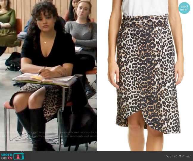 Ganni Leopard Print Asymmetrical Denim Wrap Skirt worn by Maggie Vera (Sarah Jeffery) on Charmed