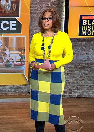 Gayle King's yellow and blue checked skirt on CBS This Morning