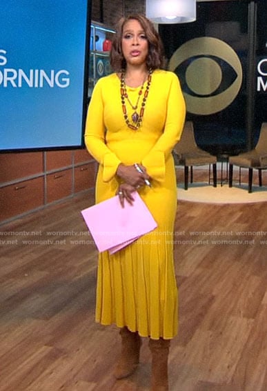 Gayle King’s yellow ribbed pleated midi dress on CBS Mornings