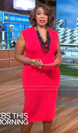 Gayle King’s red v-neck sheath dress on CBS This Morning