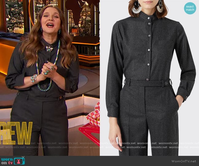 Wool-Blend Mandarin Collar Blouse and Pants by Giorgio Armani worn by Drew Barrymore on The Drew Barrymore Show