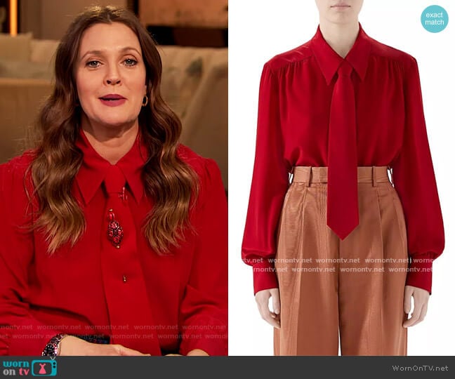 Tie Neck Blouse by Gucci worn by Drew Barrymore on The Drew Barrymore Show