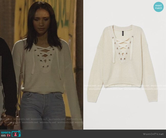 Knit Sweater with Lacing by H&M worn by Layla Keating (Greta Onieogou) on All American