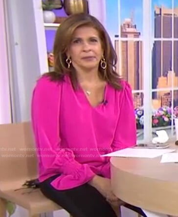 Hoda's pink ruffle cuff v-neck blouse on Today