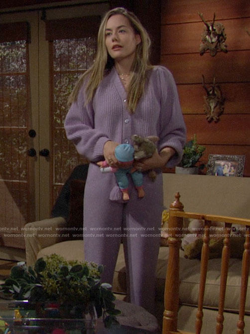 Hope's purple cardigan and lounge pants on The Bold and the Beautiful