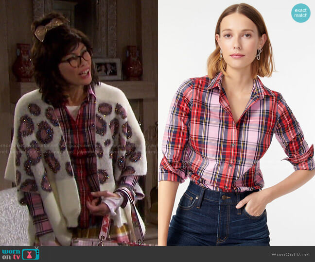 Slim Stretch Perfect Shirt in Pink Stewart Tartan J. Crew worn by Stacy Haiduk on Days of our Lives