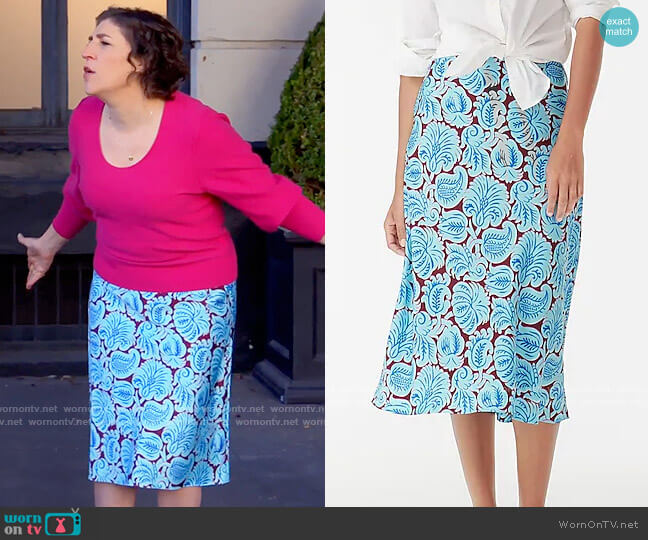 J. Crew Pull-on slip skirt in aqua paisley worn by Kat Silver (Mayim Bialik) on Call Me Kat