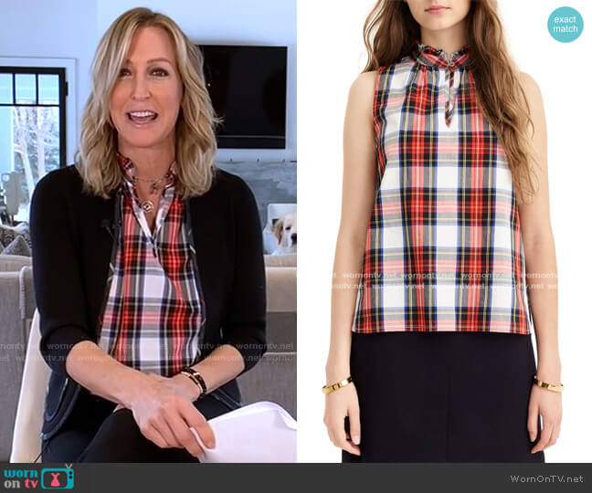 Ruffle Neck Cotton Plaid Top by J. Crew worn by Lara Spencer on Good Morning America