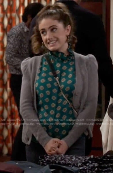 Jackie’s green printed blouse and grey puff sleeve cardigan on Call Your Mother