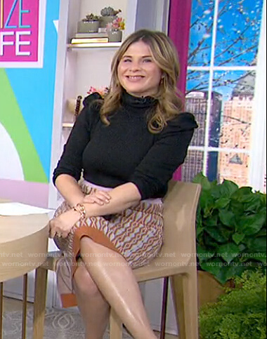 Jenna's black puff shoulder sweater and print knit skirt on Today