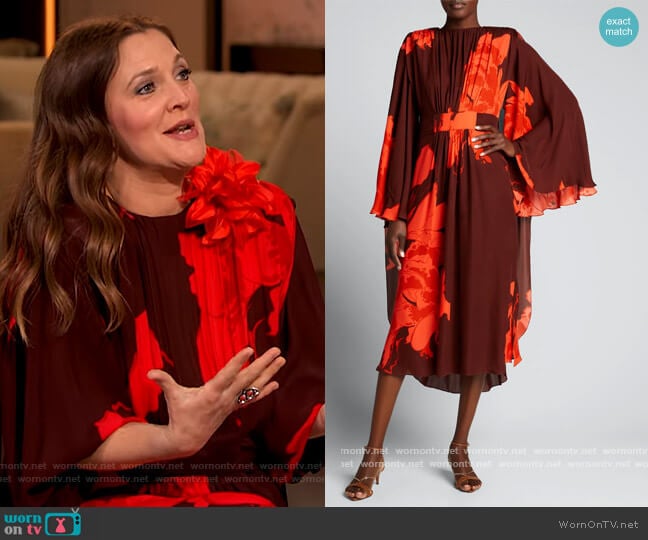 A Secret Place Floral-Print Georgette Cape Dress by Johanna Ortiz worn by Drew Barrymore on The Drew Barrymore Show