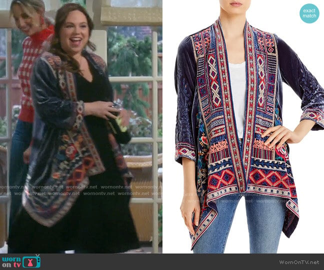 Johnny Was Isadora Velvet Drape Cardigan worn by Kristin Baxter (Amanda Fuller) on Last Man Standing