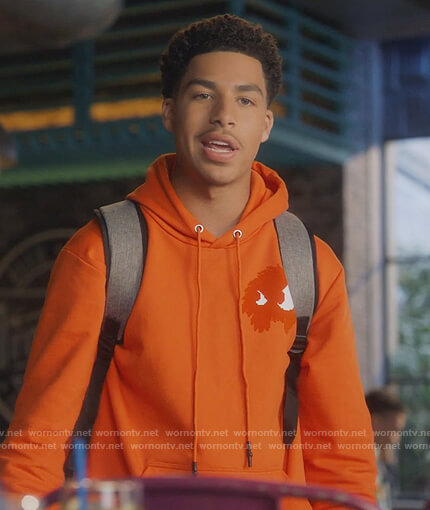 Junior's orange monster print hoodie on Grown-ish