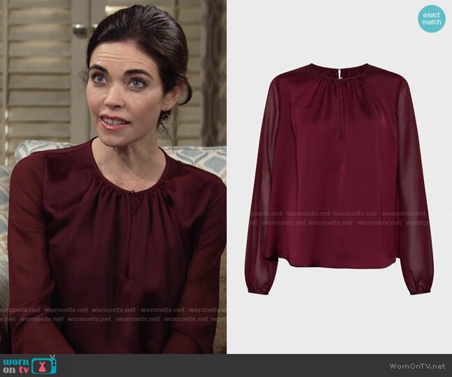 Karen Millen Sheer and Opaque Blouse worn by Victoria Newman (Amelia Heinle) on The Young and the Restless